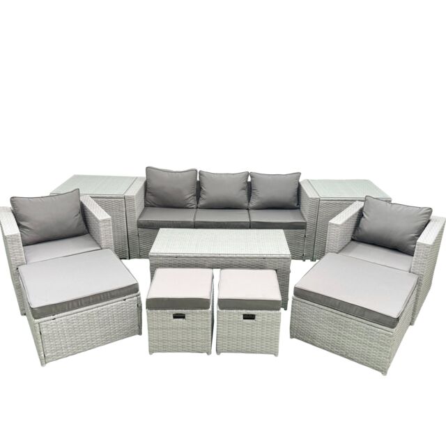 Fimous Rattan Garden Furniture Set Outdoor Lounger Sofa with Coffee Table 4 Footstools 2 Side Tables Light Grey Mixed 9 Seater - image 1