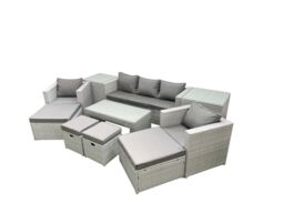Fimous Rattan Garden Furniture Set Outdoor Lounger Sofa with Coffee Table 4 Footstools 2 Side Tables Light Grey Mixed 9 Seater - thumbnail 2