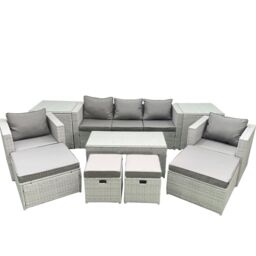 Fimous Rattan Garden Furniture Set Outdoor Lounger Sofa with Coffee Table 4 Footstools 2 Side Tables Light Grey Mixed 9 Seater - thumbnail 1