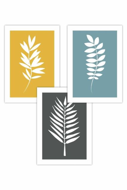 ARTZE Set of 3 Yellow Grey Blue Graphical Leaves Art Posters in Mustard - Size: W50 cm x H70 cm - image 1