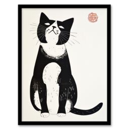 Artery8 Cat Lover Black White Pet Japanese Woodblock Framed Wall Art - Size: A4 - thumbnail 1