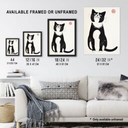 Artery8 Cat Lover Black White Pet Japanese Woodblock Framed Wall Art - Size: A4 - thumbnail 3