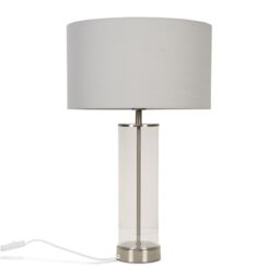 ValueLights Balan Glass & Brushed Chrome Table Lamp with Fabric Drum Lamp Shade in Pale Grey - thumbnail 2