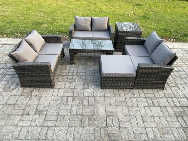Fimous Rattan Wicker Garden Furniture Patio Conservatory Sofa Set with Coffee Table Double Seater Sofa Big Footstool Side Table in Dark Grey - image 1