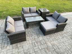 Fimous Rattan Wicker Garden Furniture Patio Conservatory Sofa Set with Coffee Table Double Seater Sofa Big Footstool Side Table in Dark Grey - thumbnail 2