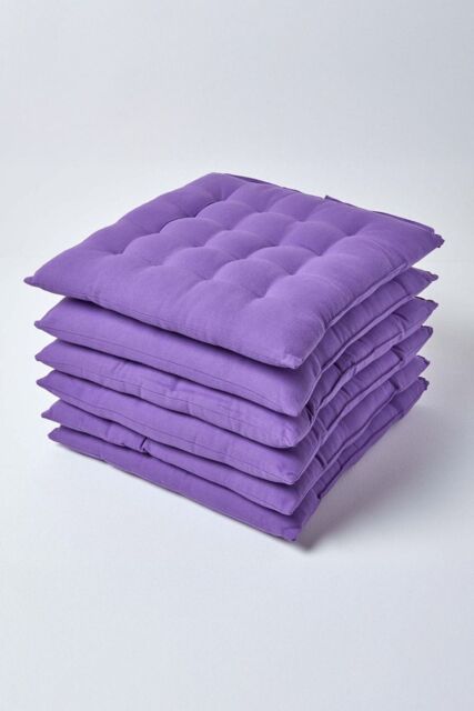 Homescapes 6 Pack Seat Pads Luxury 100% Cotton Indoor Outdoor Garden Cushion, 40cm in Purple - Size: 40 cm x 40 cm - image 1