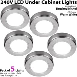 Loops 5x BRUSHED NICKEL Round Surface or Flush Under Cabinet Kitchen Light Kit - 240V Mains Powered - Warm White LED in Metallics - thumbnail 2
