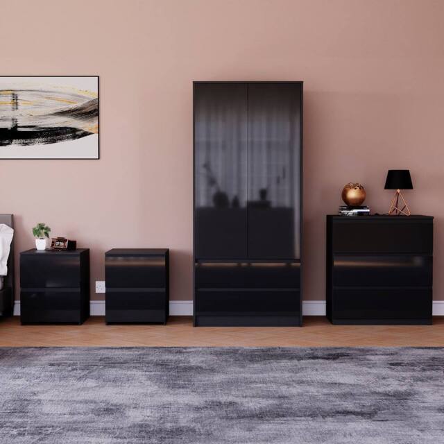 HD Designs Vida Designs Glinton 4 Piece Bedroom Set (2 Drawer Bedside Chest x2 in Black - image 1