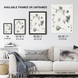Artery8 Flowers Leaves Butterfly Drawing Vintage Framed Wall Art Print Hoytema in White - Size: A4 - thumbnail 3