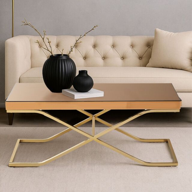 Orsina Stylish Light Brown Coffee Table For Sitting Area, Modern Rectangular Decorative Coffee Table With Glass Top in Gold - image 1