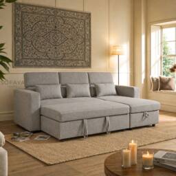 Sofaya Chelsea Sofa Bed Linen Convertible Universal L Shape Corner Chaise in Grey - Size: 3 Seater - thumbnail 1