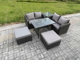 Fimous Garden Furniture Sets 6 Seater Rattan Furniture Manual Wicker Patio Sofa Patio Conversation Set with 2 Big Footstool Side Table in Dark Grey - thumbnail 2