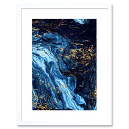 "Artery8 Wall Art Print Abstract Dark Blue Gold Pour Art Framed 9x7 inch in White - Size: W7"" x H9""" - thumbnail 1