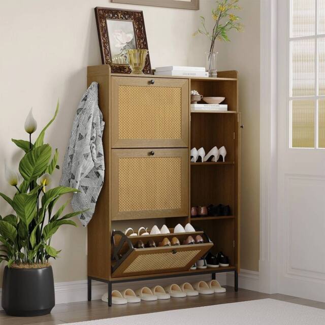 VOGREX Rattan Shoe Storage Cabinet with 3 Flip Drawers & 1 Door, Entryway in Brown - image 1
