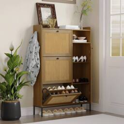 VOGREX Rattan Shoe Storage Cabinet with 3 Flip Drawers & 1 Door, Entryway in Brown - thumbnail 1