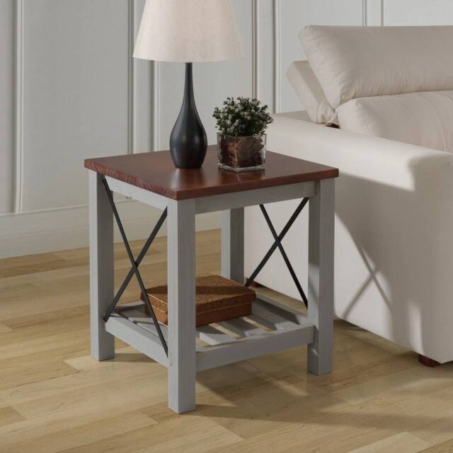 FORGEVIO Cottage Lamp Table Grey Painted Pine Wooden Side Table Storage Shelf - image 1