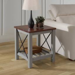 FORGEVIO Cottage Lamp Table Grey Painted Pine Wooden Side Table Storage Shelf