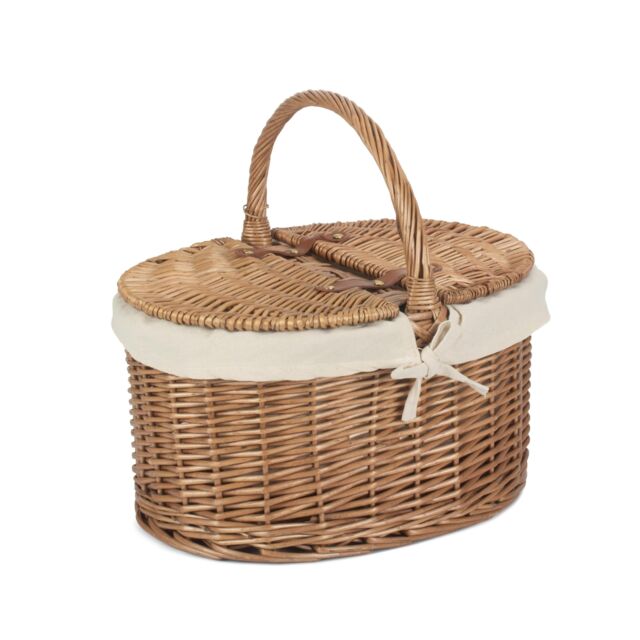 Red Hamper Wicker Light Steamed Oval Cotton Lined Lidded Picnic Basket in White - image 1