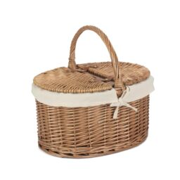 Red Hamper Wicker Light Steamed Oval Cotton Lined Lidded Picnic Basket in White - thumbnail 1