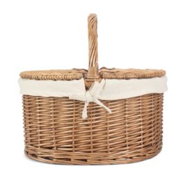 Red Hamper Wicker Light Steamed Oval Cotton Lined Lidded Picnic Basket in White - thumbnail 3