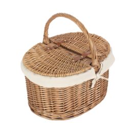 Red Hamper Wicker Light Steamed Oval Cotton Lined Lidded Picnic Basket in White - thumbnail 2