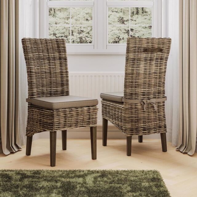 FWStyle Set Of 2 Solid Pine Rattan Greywash Dining Chairs Ready Assembled in Grey - image 1