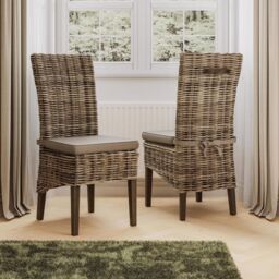 FWStyle Set Of 2 Solid Pine Rattan Greywash Dining Chairs Ready Assembled in Grey