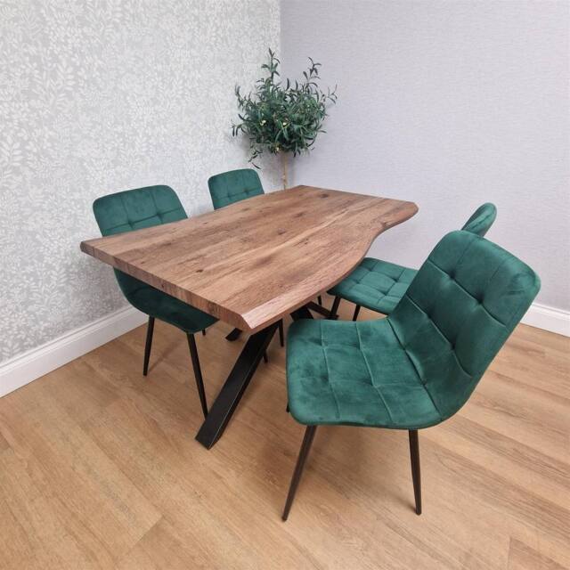 KOSY KOALA 4 Seater Rustic Brown Dining Table Set with 4 Green Velvet Chairs - image 1