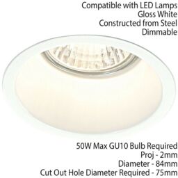 Loops Fixed Round Recess Ceiling Down Light Gloss White Sunken Flush GU10 Lamp Holder - thumbnail 2