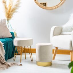 Harbour Housewares Round Velvet Footstool - H40 x D35cm - Gold Hairpin Legs in Cream - thumbnail 7
