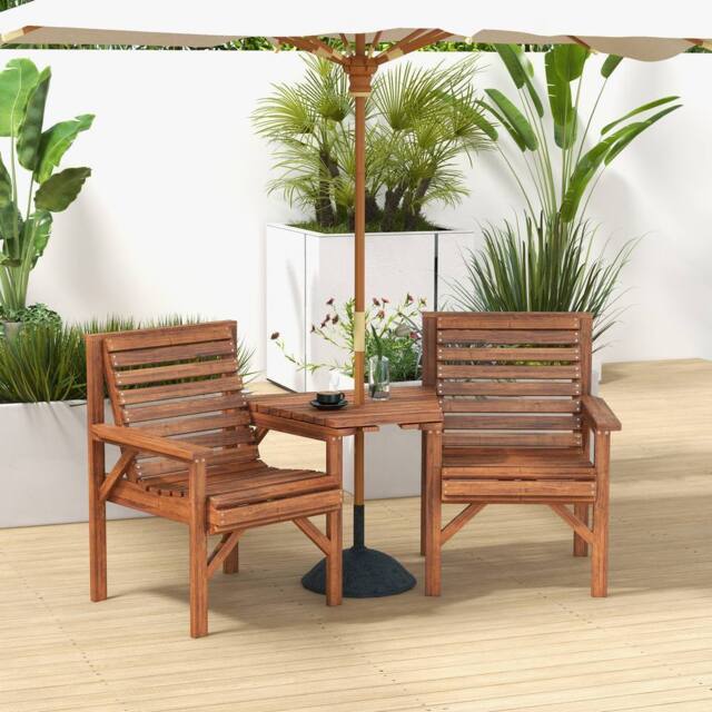 OUTSUNNY Wooden Garden Love Seat w/ Coffee Table Partner Bench in Tan