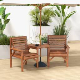 OUTSUNNY Wooden Garden Love Seat w/ Coffee Table Partner Bench in Tan - thumbnail 1
