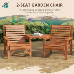 OUTSUNNY Wooden Garden Love Seat w/ Coffee Table Partner Bench in Tan - thumbnail 4