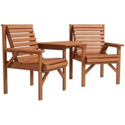 OUTSUNNY Wooden Garden Love Seat w/ Coffee Table Partner Bench in Tan - thumbnail 2
