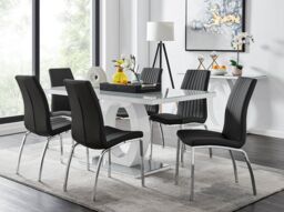 FurnitureboxUK Giovani 6-Seater Grey Glass Dining Table & 6 Isco Faux Leather Dining Chairs in Black