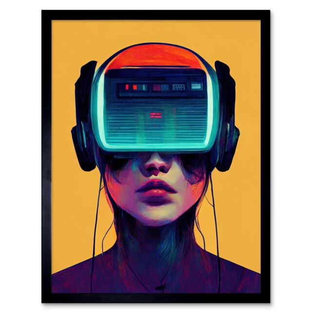 "Artery8 Wall Art Print Gamer Gaming Painting Streaming VR Video Game Headset Woman Art Framed in Black - Size: W12"" x H16""" - image 1
