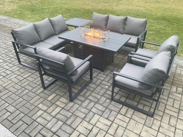 Aluminium Garden Furniture Outdoor Set Patio Lounge Sofa Gas Fire Pit Dining Table Set with 3 Armchair Side Table Dark Grey - image 1
