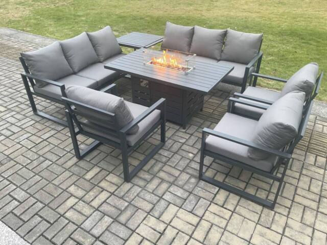 Fimous Aluminium Garden Furniture Outdoor Set Patio Lounge Sofa Gas Fire Pit Dining Table Set with 3 Armchair Side Table Dark Grey - image 1