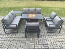 Fimous Aluminium Garden Furniture Outdoor Set Patio Lounge Sofa Gas Fire Pit Dining Table Set with 3 Armchair Side Table Dark Grey - thumbnail 2