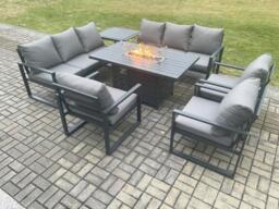 Aluminium Garden Furniture Outdoor Set Patio Lounge Sofa Gas Fire Pit Dining Table Set with 3 Armchair Side Table Dark Grey