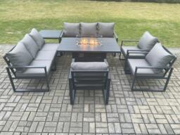 Aluminium Garden Furniture Outdoor Set Patio Lounge Sofa Gas Fire Pit Dining Table Set with 3 Armchair Side Table Dark Grey - thumbnail 3