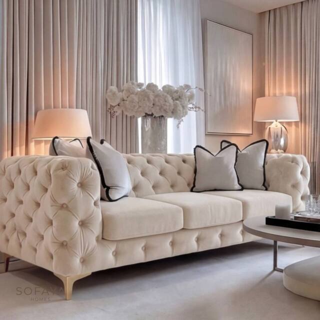 Sofaya Monaco Chesterfield Velvet Cushions Sofa 3 Seater Couch in Cream - image 1
