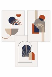 ARTZE Set of 3 Mid Century Terracotta, Beige & Navy Blue Arches Art Posters in Terracotta - Size: W50 cm x H70 cm