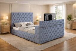 PARADISE BEDS LTD Mariana Chesterfield Upholstered TV Bed Frame With Gas Lift Storage in Duck Egg Blue - Size: Double