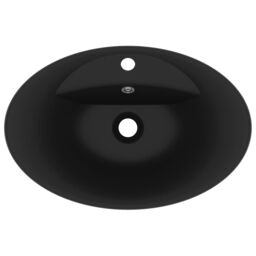 Berkfield Home Luxury Basin Overflow Oval Matt Black 58.5x39 cm Ceramic - thumbnail 4