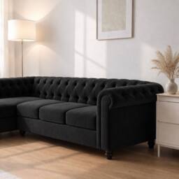 Sofaya Hampton 4 Seater L Shape Chesterfield Sofa Velvet Left Hand Chaise in Black - Size: 4 Person - thumbnail 3
