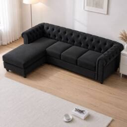Sofaya Hampton 4 Seater L Shape Chesterfield Sofa Velvet Left Hand Chaise in Black - Size: 4 Person - thumbnail 2