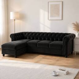 Sofaya Hampton 4 Seater L Shape Chesterfield Sofa Velvet Left Hand Chaise in Black - Size: 4 Person