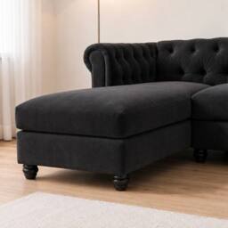 Sofaya Hampton 4 Seater L Shape Chesterfield Sofa Velvet Left Hand Chaise in Black - Size: 4 Person - thumbnail 4