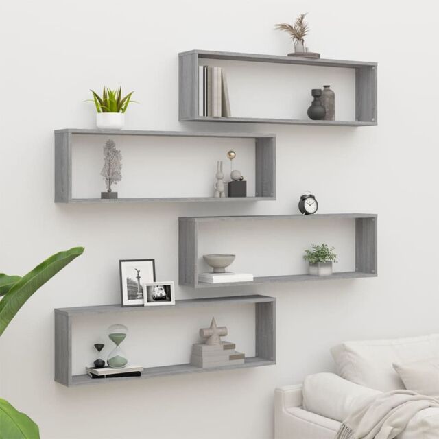 Berkfield Home Wall Cube Shelves 4 pcs Grey Sonoma 100x15x30 cm Engineered Wood - Size: 100 x 15 x 30 cm - image 1